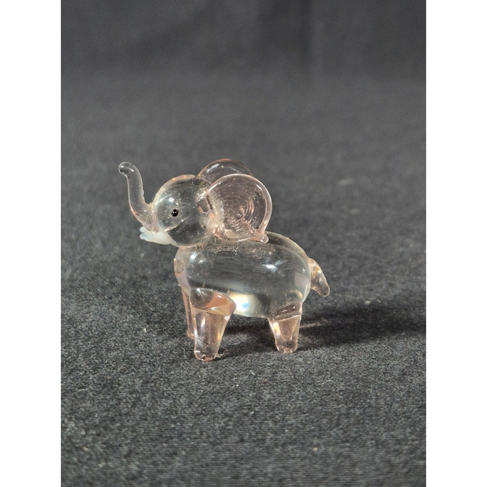 Miniature Hand Blown Glass Elephant Figurine Clear Pink Trunk Up Collectible